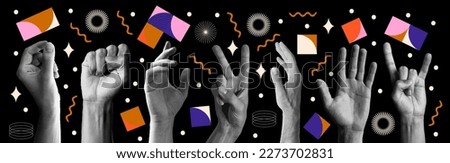 Collage element with hands and doodle element. Vintage vector set. Retro halftone effect. The gesture of greeting, rock, peace.