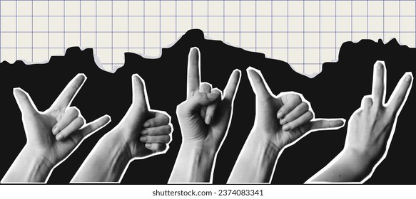 Collage element with hands, torn paper and notebook. Vintage vector set. Retro halftone effect. Gesture of like, victory, goat, rock, love, call.