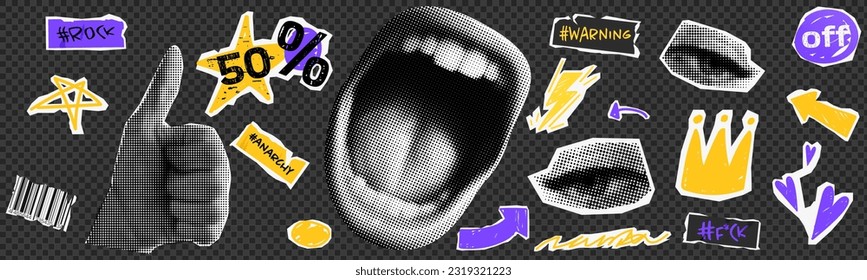 Collage element with like  hand and eyes and scream mouth  and doodle element. Vintage vector set
