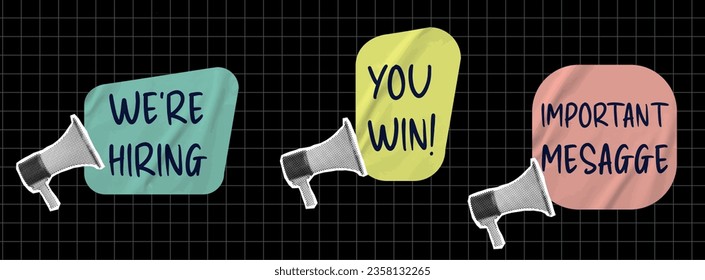 Collage para mensaje con altavoz con burbuja de voz y pegatinas realistas. Conjunto vectorial vintage. estamos contratando plantillas, uniéndonos a nosotros concepto, ofertas de empleo y conceptos de anuncio,