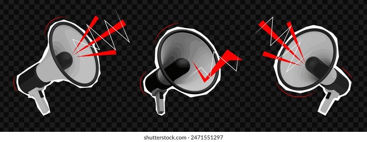Collage element for message with louspeaker and realistick stickers. Megaphone speaker or loudspeaker bullhorn for announce promotion. Vintage vector set