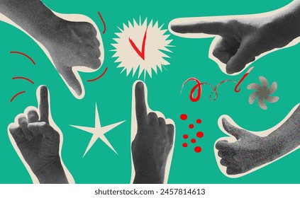 Collage element with pointing hands shape. Vintage y2k vector set. Retro halftone effect. 