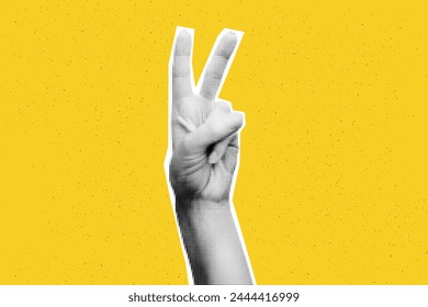 Collage element of Victory hand. Halftone hands showing piece sign against bold yellow textured background with copy space. Cut out of magazine shape. Grunge modern retro vector illustration