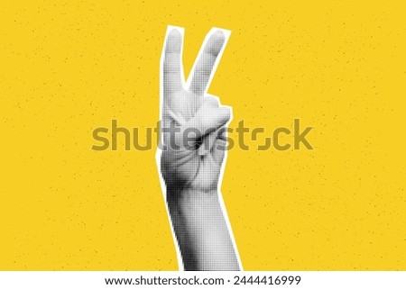 Collage element of Victory hand. Halftone hands showing piece sign against bold yellow textured background with copy space. Cut out of magazine shape. Grunge modern retro vector illustration