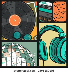 Collage with elements of 80s music culture. Vinyl record, audio cassette, big studio headphones, disco ball, round-framed glasses and more. Vector illustration