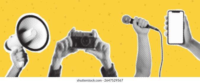 Collage elements with hands and cut out figures and doodle elements. Vintage vector set. Retro style halftone effect. Hand gestures with smartphone, camera, microphone, megaphone, loudspeaker