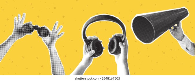 Collage elements with hands and cut out figures and doodle elements. Vintage vector set. Retro style halftone effect. Hand gestures with headphones, binoculars and retro megaphone, loudspeaker. Advert