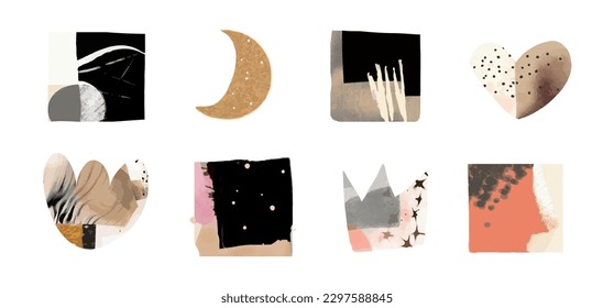 Collage elements, ink painted pieces of paper. Simple shapes for abstract compositions and prints. Moon, heart, squares and crown. Vector minimalist naive set.