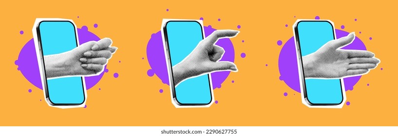 Collage elements with phones and hands. Vector illustration with hands coming out of phones and showing different gestures. Retro banner with cut out paper elements.