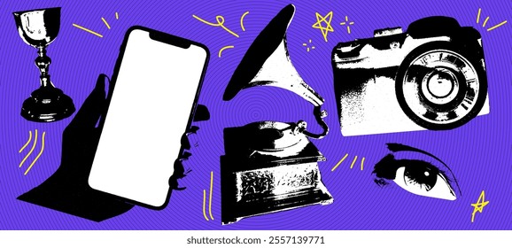 Collage elements set featuring  glass, gramophone, eye, camera, and phone. Vintage pop art with purple background, torn paper, halftone texture, and retro vector cutouts. 