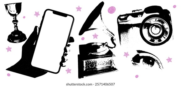 Collage elements set featuring glass, gramophone, eye, camera, and phone. Vintage pop art with white pink black background, torn paper, halftone texture, and retro vector cutouts.