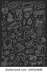 Collage elements. Templates elements of sport, clothes, equipment, music and style. Background vector illustration.
