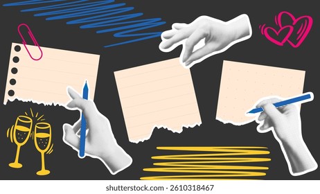 Collage with elements of torn paper and hands in halftone style. Take notes, keep records, leave a message concept. Contemporary horizontal banner in collage style, vector graphics