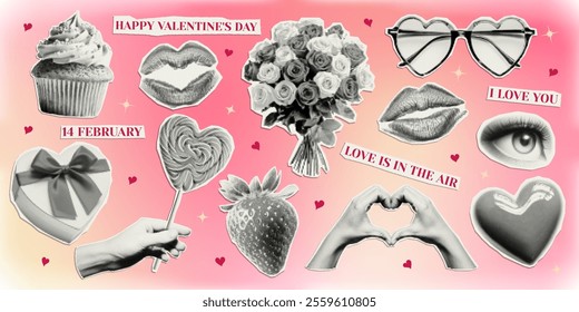 Collage elements for Valentine's Day cut from paper with halftone effect. Trendy vintage sticker for card, banner, background.