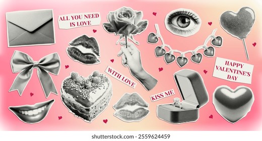 Collage elements for Valentine's Day cut from paper with halftone effect. Trendy vintage sticker for card, banner, background.