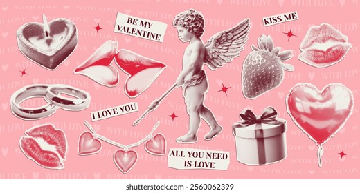 Collage elements for Valentine's Day cut from paper with halftone effect. Trendy vintage sticker for card, banner, background.