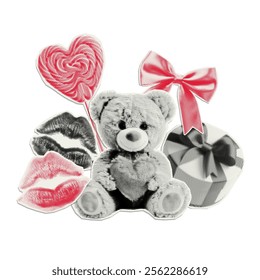 Collage elements for Valentine's Day cut from paper with halftone effect. Trendy vintage sticker for card, banner, background.