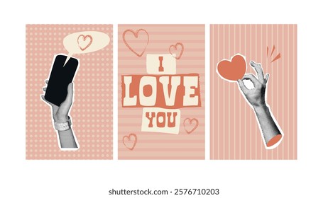 Collage elements for Valentine's Day cut from paper with halftone effect.Retro set,hand with phone and heart.Grunge texture.Trendy vintage sticker for card,banner, background.Perfect for promotions.