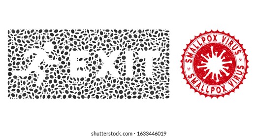 Collage emergency exit icon and red rounded distressed stamp seal with Smallpox Virus text and coronavirus symbol. Mosaic vector is created from emergency exit icon and with random ellipse elements.