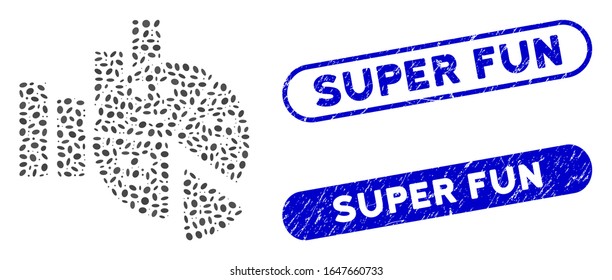 Collage emotion charts and grunge stamp seals with Super Fun phrase. Mosaic vector emotion charts is created with random ellipse items.  