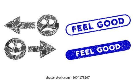 Collage emotion exchange arrows and corroded stamp seals with Feel Good caption. Mosaic vector emotion exchange arrows is formed with randomized rectangles. Feel Good stamp seals use blue color,