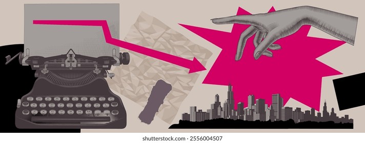 Collage with engraving drawings of an old typewriter, woman's hand pointing with the index finger, panorama of modern city, beige crumpled paper and other 
design elements. Vector illustration