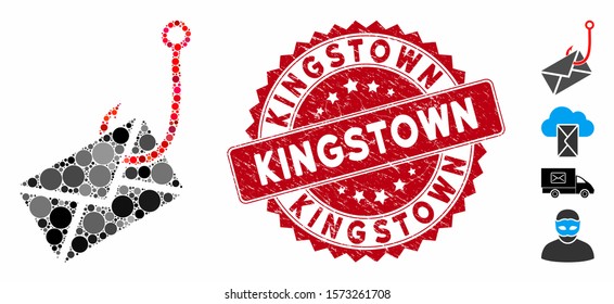 Collage envelope phishing hook icon and corroded stamp watermark with Kingstown phrase. Mosaic vector is composed with envelope phishing hook icon and with randomized spheric elements.