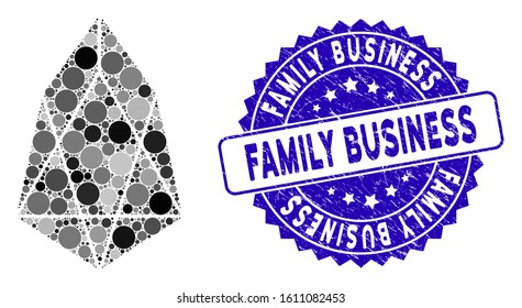 Collage eos currency icon and rubber stamp seal with Family Business caption. Mosaic vector is designed with eos currency icon and with random circle spots. Family Business stamp seal uses blue color,