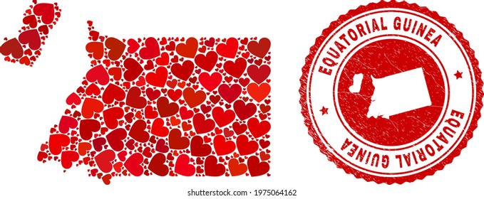 Collage Equatorial Guinea map created from red love hearts, and dirty seal stamp. Vector lovely round red rubber seal stamp imprint with Equatorial Guinea map inside.