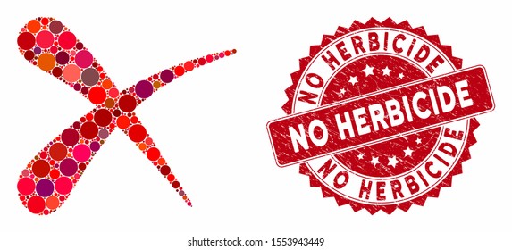 Collage erase and grunge stamp seal with No Herbicide text. Mosaic vector is designed with erase icon and with random circle spots. No Herbicide stamp uses red color, and grunge surface.