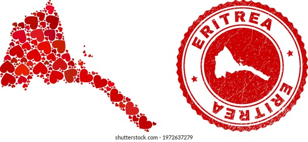 Collage Eritrea map created with red love hearts, and grunge seal stamp. Vector lovely round red rubber seal imprint with Eritrea map inside.