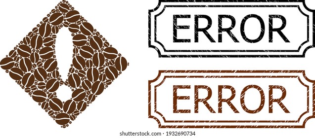 Error de color compuesto por semillas de café y sellos rectangulares de error de grifo con muescas. Los iconos de café vectorial se organizan en un icono de error de mosaico abstracto de color marrón.