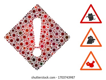Collage error united from flu virus icons in random sizes, red colors. Vector viral items are composed into abstract collage error icon. Some bonus icons are added.