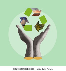 Collage ESG (Environmental, Social, and Governance) principles. Featuring a human hand holding Recycling symbol with renewable energy symbol . eco-friendly energy systems. vector illustration