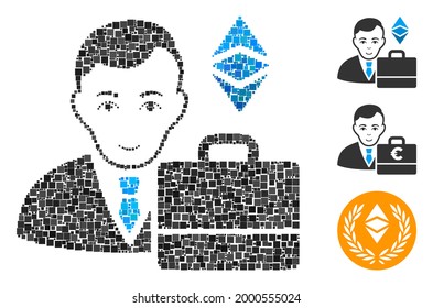 Icono de contador clásico del Eéreo de Collage compuesto de elementos cuadrados de varios tamaños y tonos de color. Los elementos cuadrados vectoriales se organizan en un icono de contador clásico de collage abstracto Ethereum.