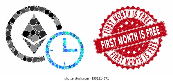 Collage Ethereum credit clock and corroded stamp seal with First Month Is Free phrase. Mosaic vector is created with Ethereum credit clock icon and with random circle spots.