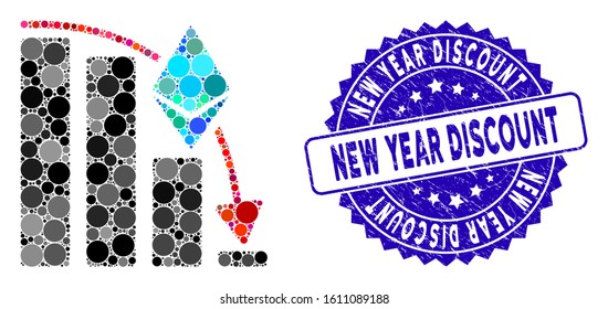 Collage Ethereum falling acceleration chart icon and grunge stamp seal with New Year Discount phrase.