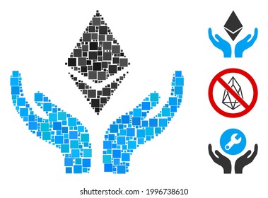Collage Ethereum maintenance hands icon united from square elements in random sizes and color hues. Vector square parts are united into abstract collage Ethereum maintenance hands icon.
