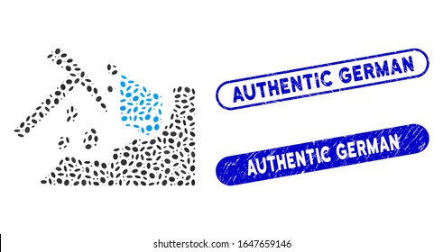 Collage Ethereum mining hammer and distressed stamp watermarks with Authentic German text. Mosaic vector Ethereum mining hammer is formed with randomized elliptic parts.