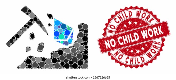 Collage Ethereum mining hammer and grunge stamp seal with No Child Work text. Mosaic vector is designed with Ethereum mining hammer icon and with scattered circle spots.