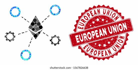 Collage Ethereum network nodes and rubber stamp seal with European Union phrase. Mosaic vector is formed with Ethereum network nodes icon and with random round spots.