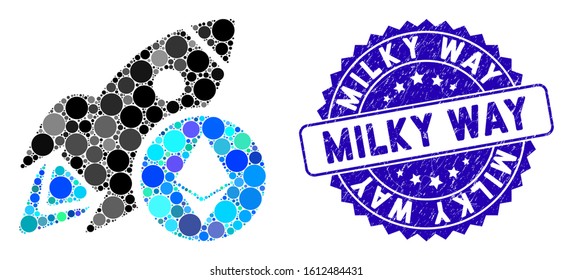 Collage Ethereum rocket icon and rubber stamp seal with Milky Way phrase. Mosaic vector is formed with Ethereum rocket icon and with scattered circle elements. Milky Way stamp seal uses blue color,