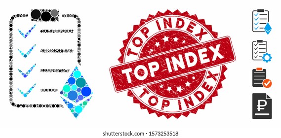 Collage Ethereum smart contract icon and grunge stamp seal with Top Index caption. Mosaic vector is formed with Ethereum smart contract pictogram and with scattered spheric items.