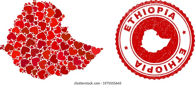 Collage Ethiopia map formed with red love hearts, and rubber stamp. Vector lovely round red rubber seal stamp imprint with Ethiopia map inside.