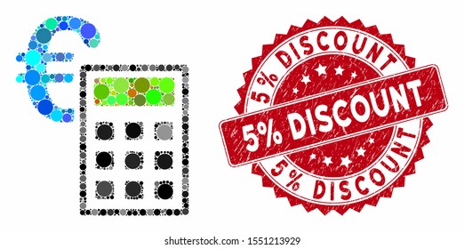 Collage euro accounting and grunge stamp watermark with 5% Discount caption. Mosaic vector is designed from euro accounting icon and with random round items. 5% Discount stamp seal uses red color,