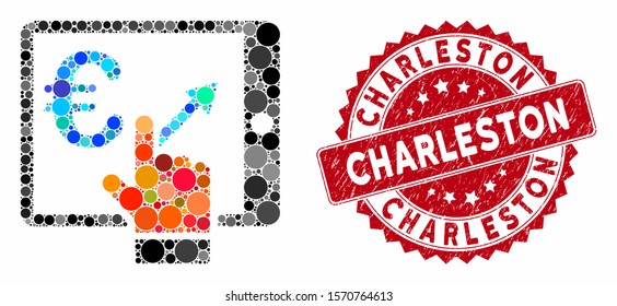 Collage euro analytics tablet and grunge stamp seal with Charleston phrase. Mosaic vector is created with euro analytics tablet icon and with scattered spheric items.