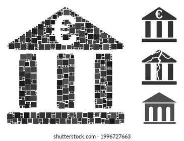 Collage Euro bank building icon organized from square items in variable sizes and color hues. Vector square elements are grouped into abstract collage Euro bank building icon. Bonus icons are placed.