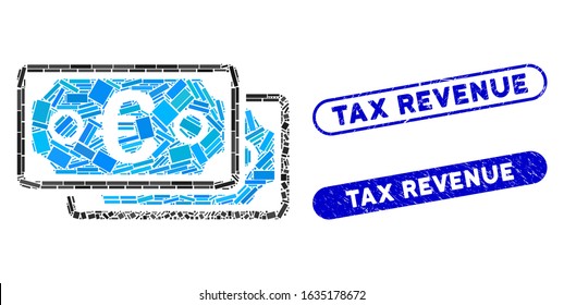 Collage Euro banknotes and distressed stamp seals with Tax Revenue phrase. Mosaic vector Euro banknotes is composed with random rectangle items. Tax Revenue stamp seals use blue color,