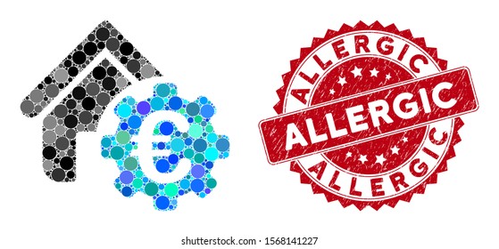 Collage Euro building payment gear and grunge stamp seal with Allergic caption. Mosaic vector is created with Euro building payment gear icon and with scattered round spots.