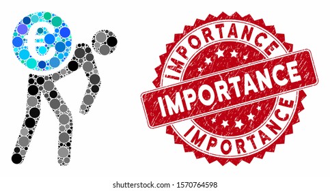 Collage Euro courier and rubber stamp seal with Importance caption. Mosaic vector is composed with Euro courier icon and with randomized round items. Importance stamp uses red color,